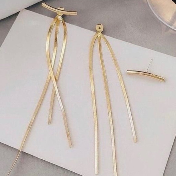 NEW 18K YELLOW GOLD BAR LONG TASSEL EARRINGS - Picture 7 of 9
